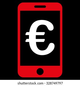 Euro Mobile Payment vector icon. Style is bicolor flat symbol, red and white colors, rounded angles, black background.
