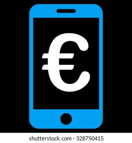 Euro Mobile Payment vector icon. Style is bicolor flat symbol, blue and white colors, rounded angles, black background.