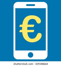 Euro Mobile Payment vector icon. Style is bicolor flat symbol, yellow and white colors, rounded angles, blue background.