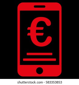 Euro Mobile Payment vector icon. Illustration style is a flat iconic red symbol on black background.