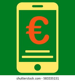 Euro Mobile Payment vector pictogram. Illustration style is a flat iconic bicolor orange and yellow symbol on green background.