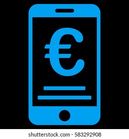 Euro Mobile Payment vector pictograph. Illustration style is a flat iconic blue symbol on black background.