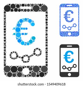 Euro mobile report composition of small circles in different sizes and color tinges, based on Euro mobile report icon. Vector random circles are organized into blue composition.