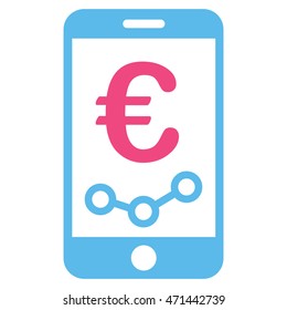 Euro Mobile Report icon. Vector style is bicolor flat iconic symbol with rounded angles, pink and blue colors, white background.