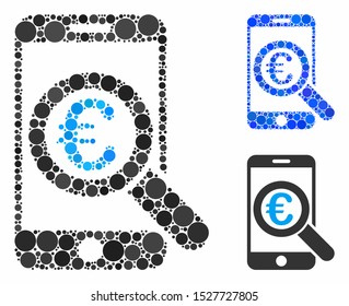 Euro mobile research composition of filled circles in different sizes and color hues, based on Euro mobile research icon. Vector small circles are organized into blue composition.