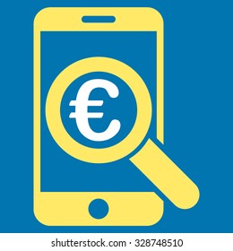 Euro Mobile Research vector icon. Style is bicolor flat symbol, yellow and white colors, rounded angles, blue background.