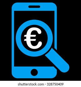 Euro Mobile Research vector icon. Style is bicolor flat symbol, blue and white colors, rounded angles, black background.