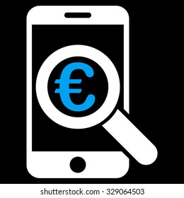 Euro Mobile Research vector icon. Style is bicolor flat symbol, blue and white colors, rounded angles, black background.