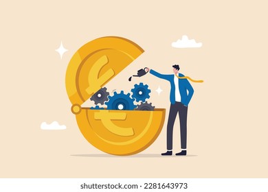 Euro monetary policy, central bank or government to manage EU or European financial or economic, inflation and interest rate policy concept, businessman put oil lubricate into  open Euro money coin.