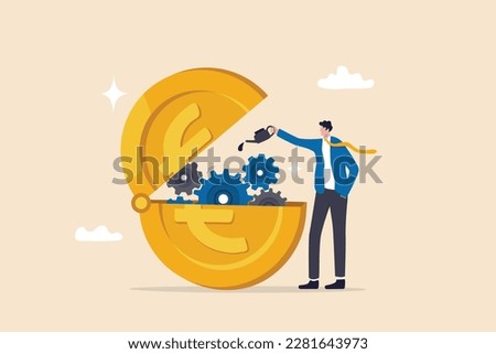 Euro monetary policy, central bank or government to manage EU or European financial or economic, inflation and interest rate policy concept, businessman put oil lubricate into  open Euro money coin.