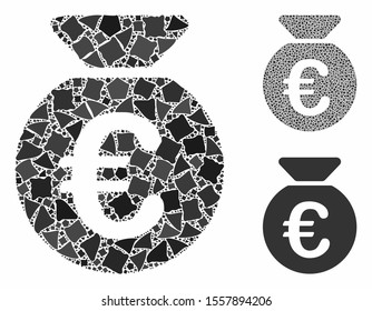 Euro money bag composition of tuberous parts in various sizes and color tints, based on Euro money bag icon. Vector trembly parts are grouped into composition.