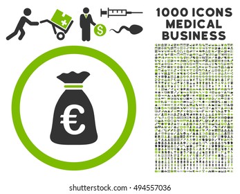 Euro Money Bag icon with 1000 medical business eco green and gray vector design elements. Set style is flat bicolor symbols, white background.