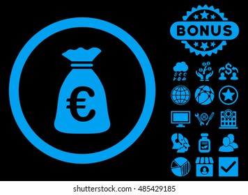 Euro Money Bag icon with bonus images. Vector illustration style is flat iconic symbols, blue color, black background.