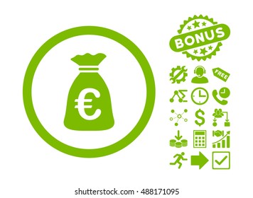 Euro Money Bag icon with bonus symbols. Vector illustration style is flat iconic symbols, eco green color, white background.