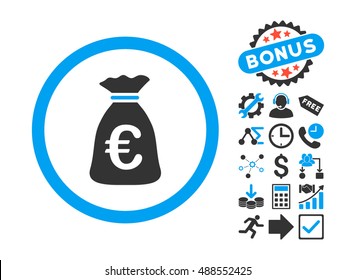 Euro Money Bag icon with bonus pictures. Vector illustration style is flat iconic bicolor symbols, blue and gray colors, white background.