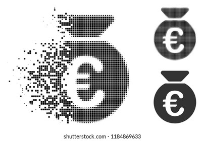 Euro money bag icon in fragmented, pixelated halftone and undamaged versions. Cells are grouped into vector disappearing Euro money bag pictogram. Disappearing effect uses rectangle scintillas.