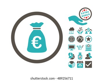 Euro Money Bag pictograph with bonus images. Vector illustration style is flat iconic bicolor symbols, grey and cyan colors, white background.