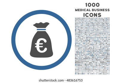Euro Money Bag rounded vector bicolor icon with 1000 medical business icons. Set style is flat pictograms, cobalt and gray colors, white background.
