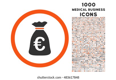 Euro Money Bag rounded vector bicolor icon with 1000 medical business icons. Set style is flat pictograms, orange and gray colors, white background.