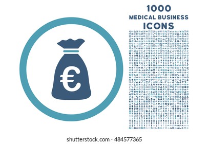 Euro Money Bag rounded vector bicolor icon with 1000 medical business icons. Set style is flat pictograms, cyan and blue colors, white background.