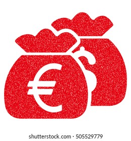 Euro Money Bags grainy textured icon for overlay watermark stamps. Flat symbol with scratched texture. Dotted vector red ink rubber seal stamp with grunge design on a white background.