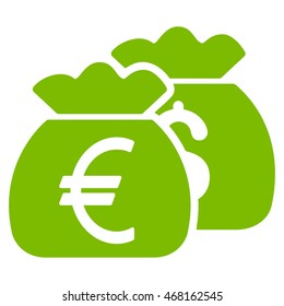Euro Money Bags icon. Vector style is flat iconic symbol with rounded angles, eco green color, white background.