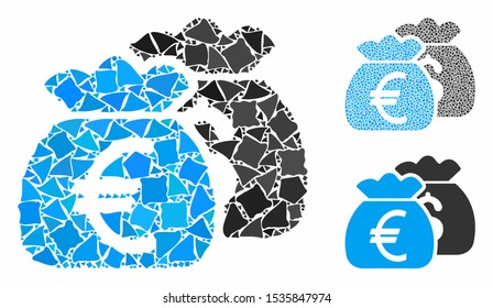 Euro money bags mosaic of raggy items in various sizes and color tinges, based on Euro money bags icon. Vector tuberous items are combined into mosaic.