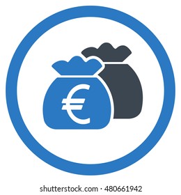 Euro Money Bags rounded icon. Vector illustration style is flat iconic bicolor symbol, smooth blue colors, white background.