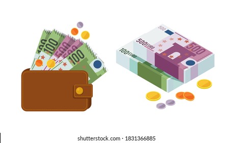Euro money banknotes and coins. Money banknotes in wallet and folded in bundles. Treasure bag, bonus game element coins cartoon vector