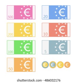 Euro money banknotes. Multi colored euro. Simple, flat style. Graphic vector illustration.