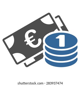 Euro money from BiColor Euro Banking Icon Set. Vector style: flat bicolor, cobalt and gray symbol, rounded angles, white background.