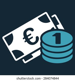 Euro money from BiColor Euro Banking Icon Set. Vector style: flat bicolor, blue and white symbol, rounded angles, dark blue background.