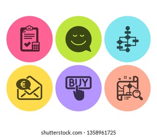 Euro money, Buying and Smile icons simple set. Accounting checklist, Block diagram and Search map signs. Receive cash, E-commerce shopping. Technology set. Flat euro money icon. Circle button. Vector