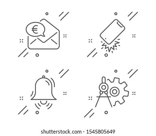 Euro money, Clock bell and Smartphone broken line icons set. Cogwheel dividers sign. Receive cash, Alarm, Phone crash. Settings. Business set. Line euro money outline icon. Vector