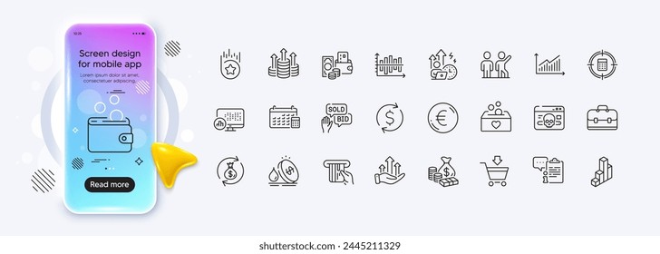 Euro money, Credit card and Clipboard line icons for web app. Phone mockup gradient screen. Pack of Online market, Cyber attack, Money exchange pictogram icons. Vector