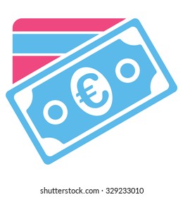 Euro Money Credit Card vector icon. Style is bicolor flat symbol, pink and blue colors, rounded angles, white background.