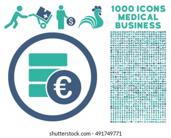 Euro Money Database icon with 1000 medical commerce cobalt and cyan vector pictographs. Set style is flat bicolor symbols, white background.