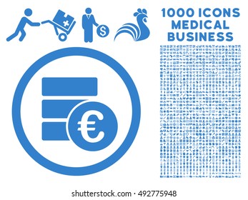 Euro Money Database icon with 1000 medical commerce cobalt vector pictographs. Clipart style is flat symbols, white background.