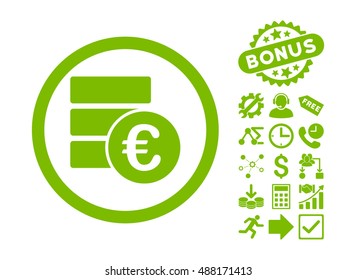 Euro Money Database icon with bonus clip art. Vector illustration style is flat iconic symbols, eco green color, white background.