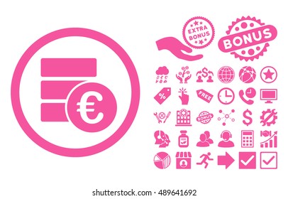 Euro Money Database icon with bonus pictograph collection. Vector illustration style is flat iconic symbols, pink color, white background.
