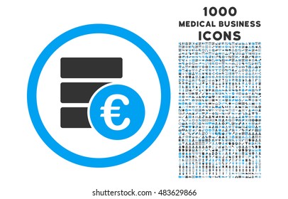 Euro Money Database rounded vector bicolor icon with 1000 medical business icons. Set style is flat pictograms, blue and gray colors, white background.