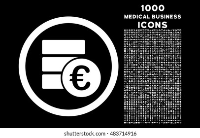 Euro Money Database rounded vector icon with 1000 medical business icons. Set style is flat pictograms, white color, black background.