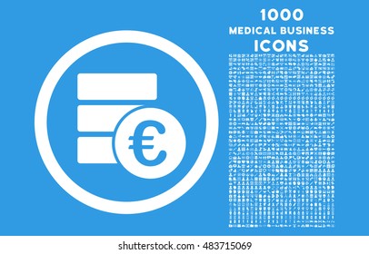 Euro Money Database rounded vector icon with 1000 medical business icons. Set style is flat pictograms, white color, blue background.