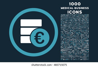 Euro Money Database rounded vector bicolor icon with 1000 medical business icons. Set style is flat pictograms, blue and white colors, dark blue background.