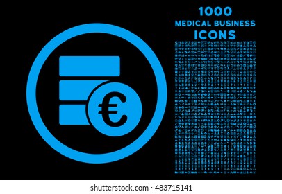 Euro Money Database rounded vector icon with 1000 medical business icons. Set style is flat pictograms, blue color, black background.