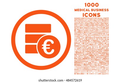 Euro Money Database rounded vector icon with 1000 medical business icons. Set style is flat pictograms, orange color, white background.