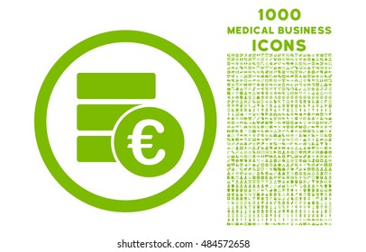 Euro Money Database rounded vector icon with 1000 medical business icons. Set style is flat pictograms, eco green color, white background.