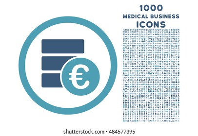 Euro Money Database rounded vector bicolor icon with 1000 medical business icons. Set style is flat pictograms, cyan and blue colors, white background.