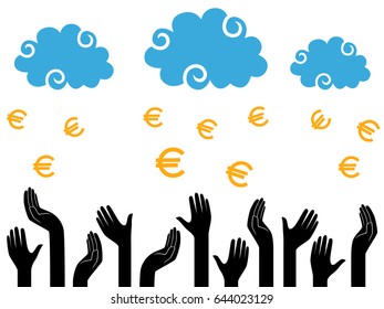 Euro Money falling from the clouds in the human hands, stylised conceptual vector illustration