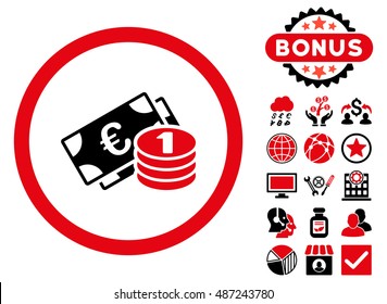 Euro Money icon with bonus elements. Vector illustration style is flat iconic bicolor symbols, intensive red and black colors, white background.